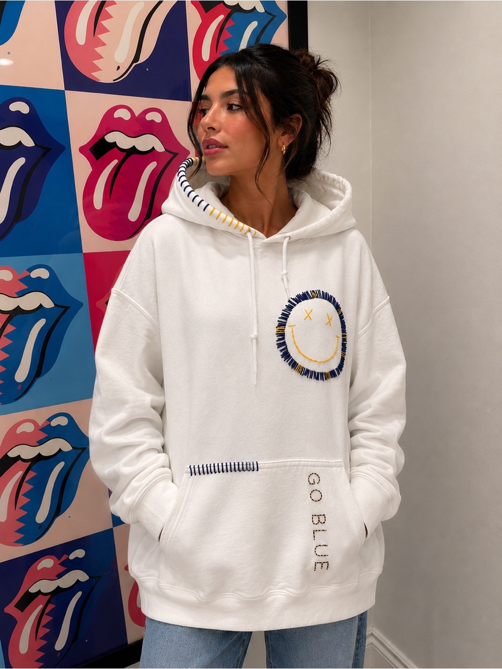 Custom White Hoodie Sweater with Embroidered Smiley - GO BLUE 💙💛